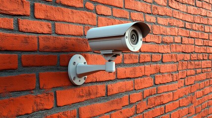 Security camera mounted on a brick wall.