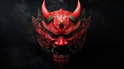 Red Japanese oni mask with horns against black background. Detailed traditional demon mask sculpture with ornate patterns and dramatic lighting creating mysterious atmosphere