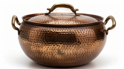 A elegant, copper hotpot with a sophisticated, hammered design and a warm, luxurious tone, isolated on a white background