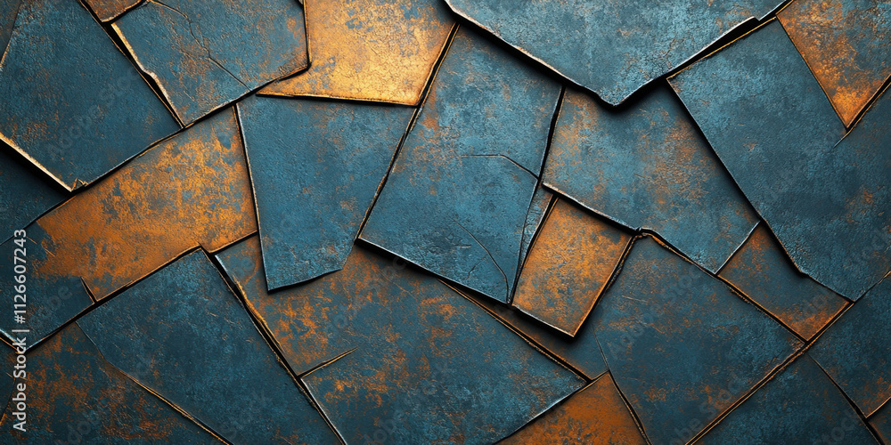 Poster a textured surface of overlapping blue and rust-colored panels, creating an industrial and artistic 