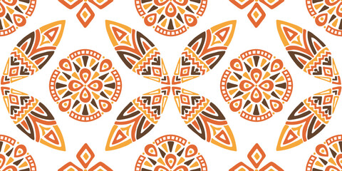 Fototapeta premium Seamless African pattern with leaf shield and circles. Savanna tribal vector ornament. Hand drawn weave ethnic carpet. Modern geo print on textile. Ancient rug design for bohemian interior