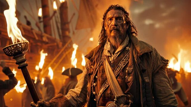 The pirate spirit: pirate in 17th-century costume faces the rough seas, standing bravely on ship deck, with fearlessness, thirst for freedom in his eyes, surrounded by scent of salt and gunpowder.