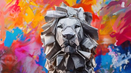 Fototapeta premium Portrait photography close-up of a lion sculpture made of folded newspaper, set against a vibrant abstract background with vivid colors