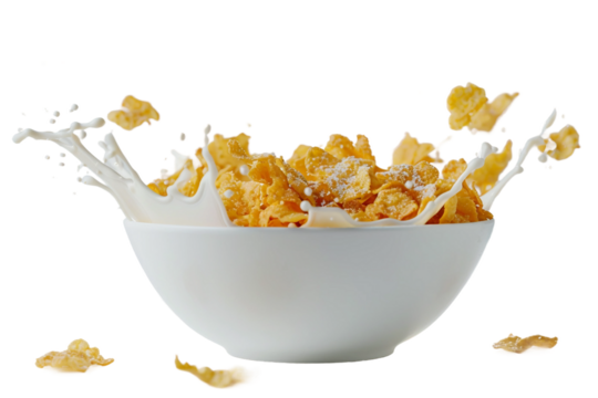 Crisp Frosted Corn Flakes and Milk Splash Effect isolated on transparent background