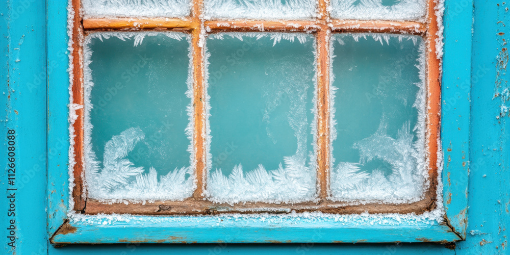 Poster a frosty window with intricate ice patterns, framed by a vibrant turquoise paint, creating a beautif