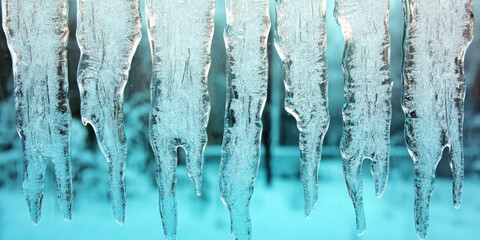 Glimmering icicles hang from a surface, showcasing intricate ice formations and a cool blue background, capturing the essence of winter's beauty.