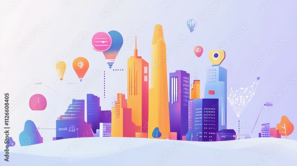 Poster dynamic business environment showcasing the concept of business agility, with symbols representing c
