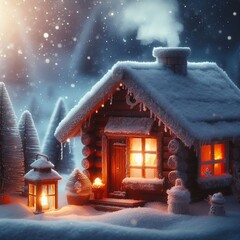 A house with a snow covered roof and some tree on the front
