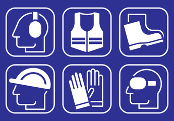 Safety signs - must be worn symbols, wear hearing protection, wear helmet, wear safety shoes, wear gloves, wear protective vest and wear safety glasses. Mandatory safety icons