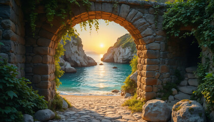 wallpapers A breathtaking view of the ocean framed by a stone archway, with vibrant colors of sunrise reflecting on the water. Lush greenery surrounds the pathway leading to the beach. AI generated