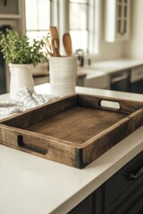 Rustic Wooden Serving Tray on Kitchen Counter