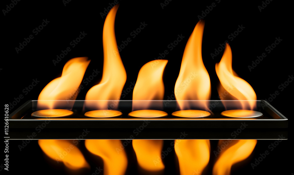 Poster abstract image of five flames burning intensely on a black reflective surface, creating a visually s