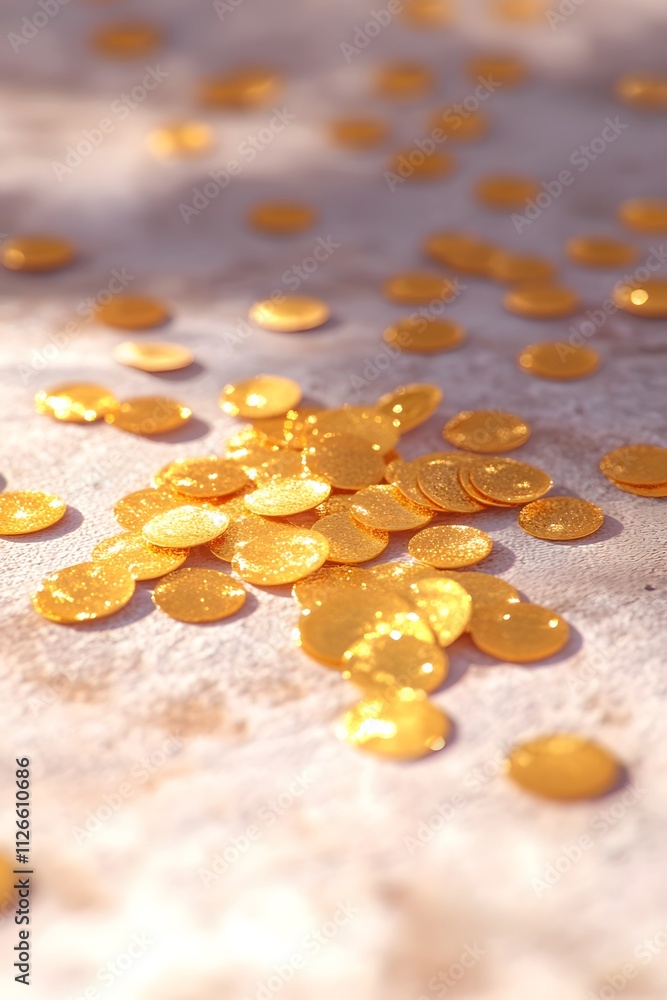 Poster a scattering of shiny gold coins on a textured surface, creating a vibrant visual effect.