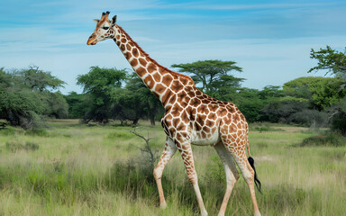 Obraz premium Beautiful giraffe in the green field with blue sky 