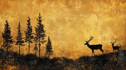 A stunning silhouette scene featuring two deer against a golden sunset, highlighting nature's beauty and the peaceful coexistence of wildlife within a tranquil habitat.