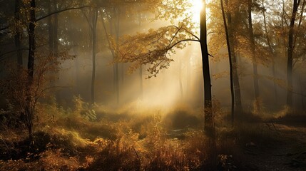 Obraz premium Golden Sunlight Beams Through Autumn Forest Mist
