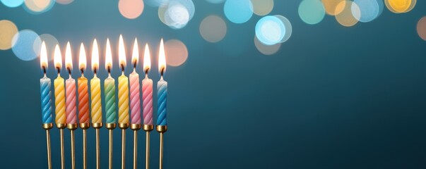 Festive Hanukkah Menorah with Colorful Candles Bokeh Lights