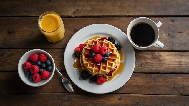 Delicious Waffles with Berries, Coffee, and Orange Juice: A Perfect Breakfast