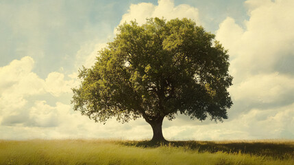 Fototapeta premium An oak tree in full leaf during summer, standing solitary.