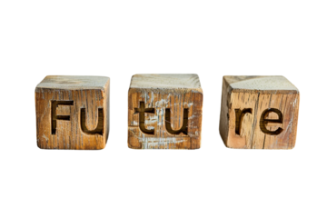 Thought-provoking arrangement of wooden cubes highlighting the concept of "Future" isolated on transparent background