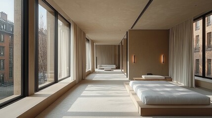 A serene minimalist bedroom showcasing neutral tones and large windows, highlighting the spacious and clutter-free ambiance, ideal for relaxation.
