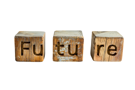 Thought-provoking arrangement of wooden cubes highlighting the concept of "Future" isolated on transparent background
