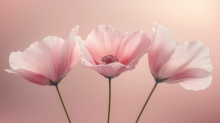 Fototapeta premium Elegant trio of pink flowers against a soft pastel backdrop showcasing minimalist beauty