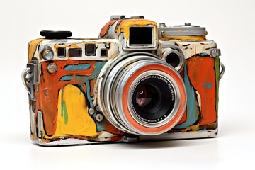 Vintage 35mm camera on white background with lens and reflection on the surface below the camera
