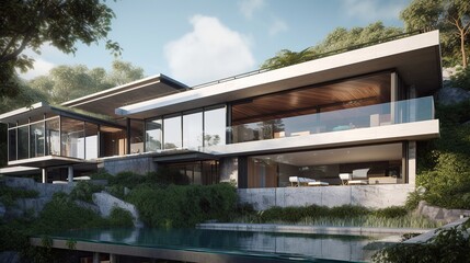 Obraz premium Modern hillside home with infinity pool and lush landscaping
