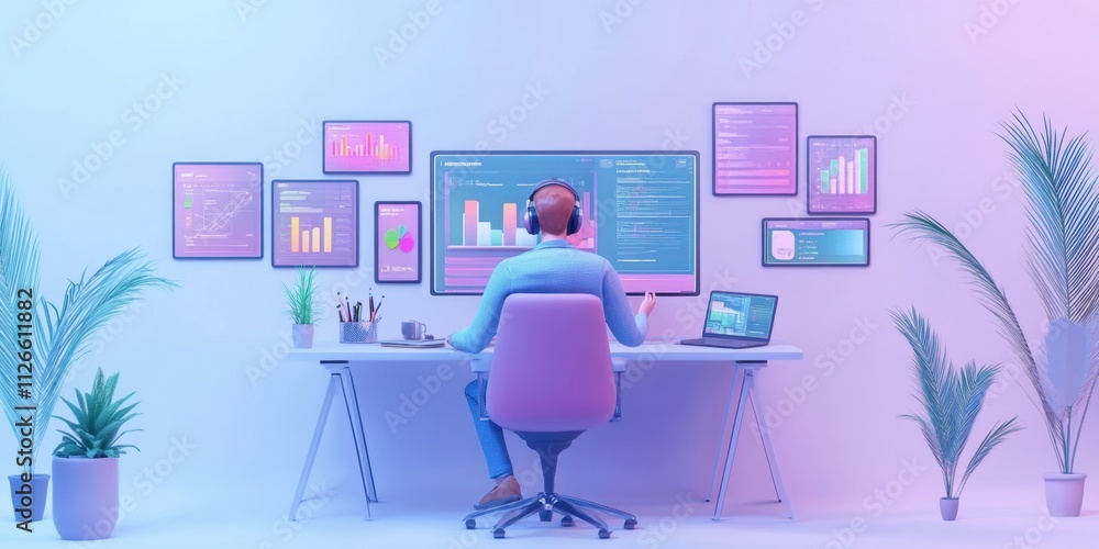 Aufkleber remote worker analyzing data on multiple screens in a modern home office setup with pastel lighting