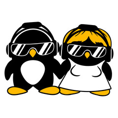 Two Penguins DJ Couple Headphones Sunglasses Team Design Lover Art Vector Illustration Card T-Shirt Poster Sticker Graphic Print Decorative Drawing Isolated Logo Decoration Symbol Creative Cool Style

