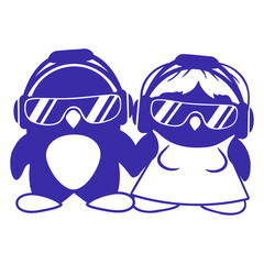 Two Penguins DJ Couple Headphones Sunglasses Team Design Lover Art Vector Illustration Card T-Shirt Poster Sticker Graphic Print Decorative Drawing Isolated Logo Decoration Symbol Creative Cool Style
