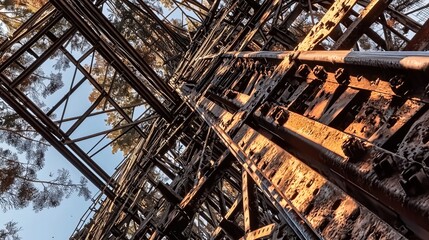 Abandoned structure with rusted metal beams and trees visible in the background, captured from below.