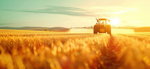 Fototapeta premium Tractor spraying field during golden sunset with dramatic sunburst. Agricultural machinery silhouetted against warm evening sky, showcasing modern farming in beautiful natural light.