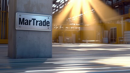 Industrial setting featuring a MarTrade sign illuminated by sunlight.