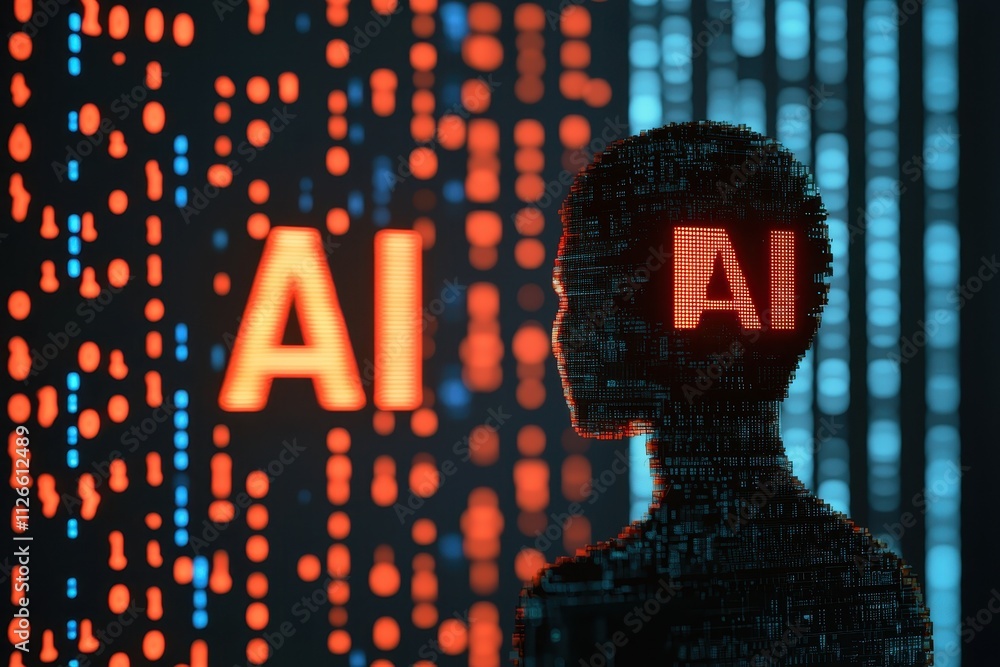 Poster ai technology futuristic digital human silhouette with binary code background