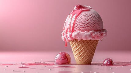 A cone shaped dessert layered with colorful sprinkles and whipped cream sits on a stand.