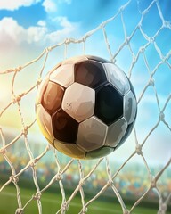 Naklejka premium Realistic soccer ball hitting the net. Football championship in the arena. Vector illustration