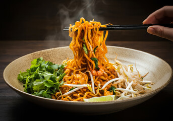 Indulge in spicy Malaysian fried noodles loaded with fresh beansprouts and aromatic herbs