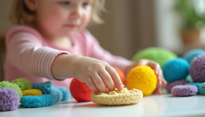 Little girl playing joyfully with colorful pom-poms and toys on table