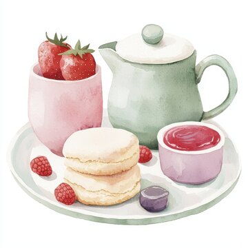 watercolor tea set with strawberries and macarons clip art preview