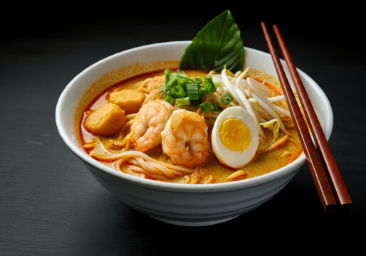 A vibrant bowl of curry laksa with coconut broth, herbs, spices, and freshly made noodles