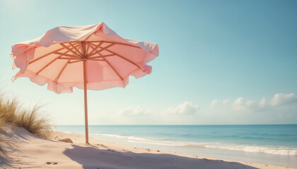 wallpapers A serene view of a pink beach umbrella by the shore, perfect for relaxation and summer vibes. AI generated.