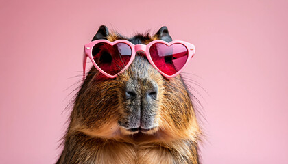 Fototapeta premium capybara wearing heart-shaped pink sunglasses on an isolated pastel pink background, a funny animal 