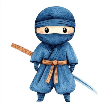 recommend clip art: Cute Blue Ninja Warrior Cartoon Watercolor Clipart Child Kid Japan