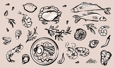 vector seafood illustrations. vintage food illustration on beige background. chalk drawing. hand drawn japanese cuisine. collection of vector food illustrations.