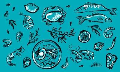 black outline drawings of seafood on blue background. linear illustration. vintage food illustration. chalk drawing. hand drawn italian cuisine. line art. food banner design.