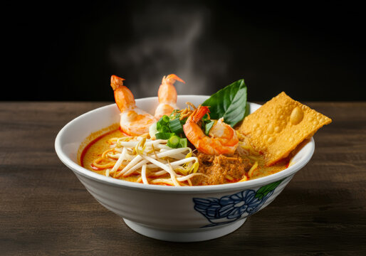 Aromatic Malaysian curry laksa with freshly made noodles, herbs, and a savory coconut base