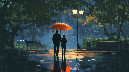 Father and son sharing an orange umbrella during a nighttime rain in a park.