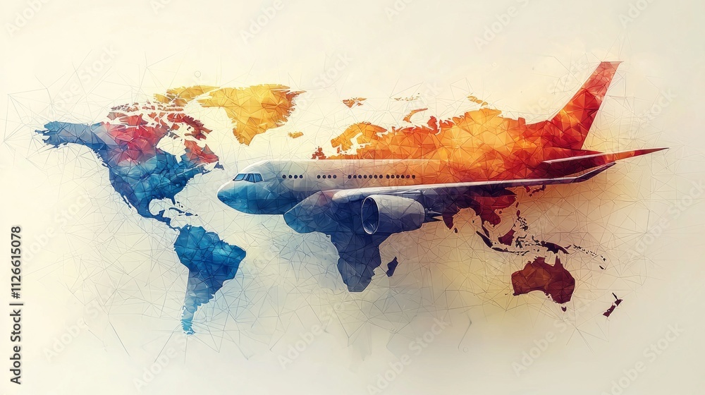 Poster artistic representation combines stylized airplane simplified world map using basic shapes and limit